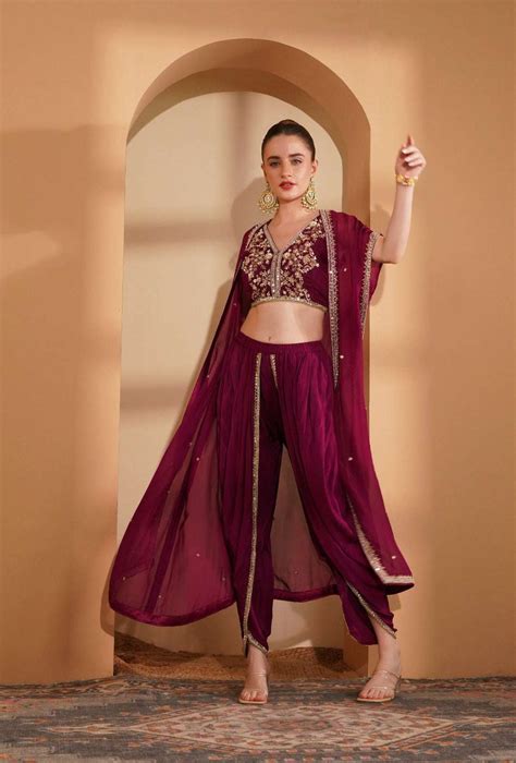 Wine Crepe Tulip Pant Cape Set – MILU MADAN