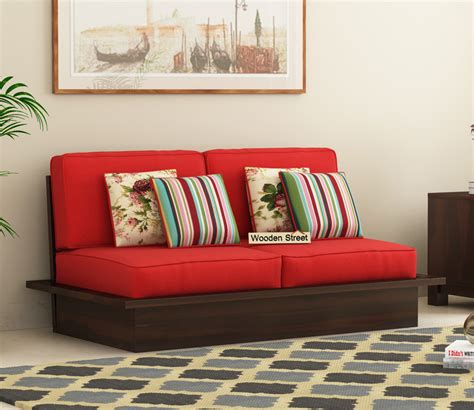 Buy Dwayne Low Floor 2 Seater Wooden Sofa (Dusky Rose, Walnut Finish ...