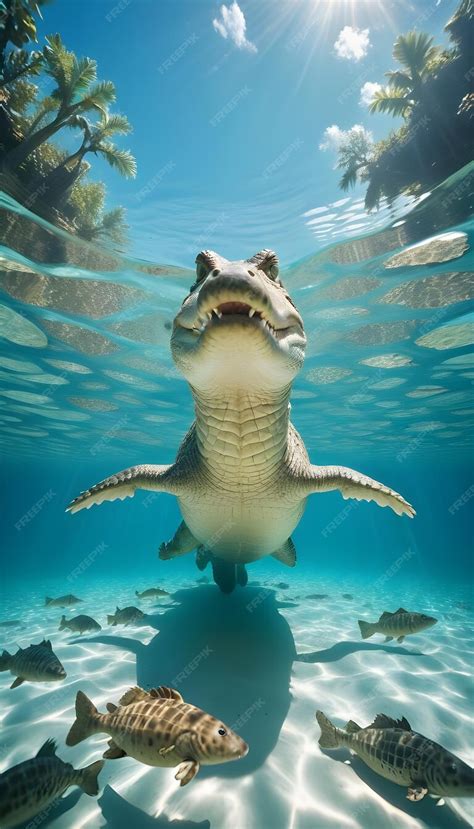 Photo a Realistic scene of a tropical sea with a Crocodiles and fish ...