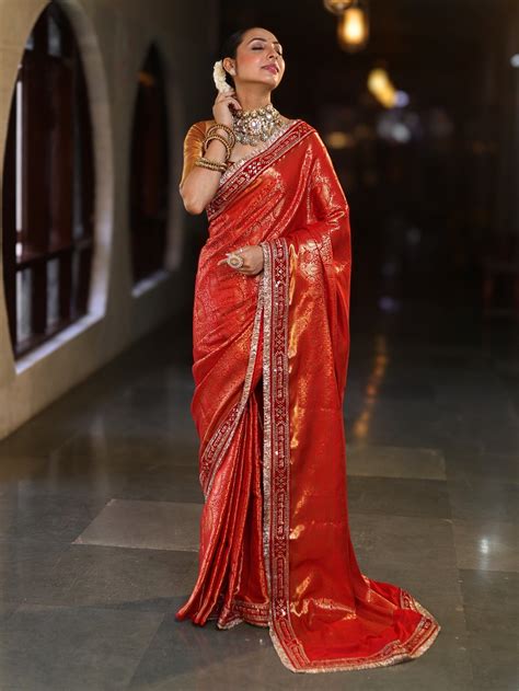 Banarasee Handwoven Semi Silk (Saubhagyavati Bhava) Lace Saree-Red