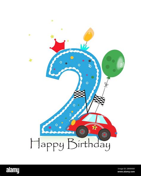 Happy second birthday candle. Baby boy greeting card with race car ...