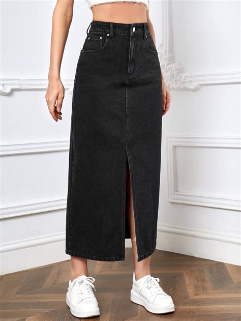 KOSSMOSS SOLID HIGH WAIST SLIT DENIM SKIRT – Aahwan
