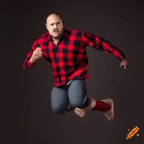 Man sprinting in black and red flannel shirt