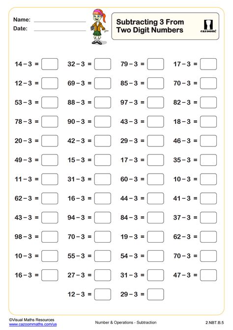 Math Worksheets Grade 2 Subtraction Subtracting 3 From Two Digit