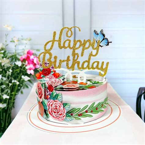 Delux Embossed Floral Happy Birthday Cake Pop Up Card | Party Supplies