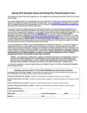 Fillable Online marist Spring 2016 Semester Room and Dining Plan ...