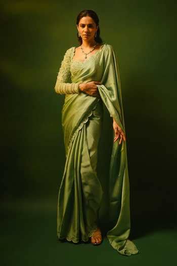 Buy Green Net, Organza Pearls, Embroidery Alica Solid Scallop Border ...