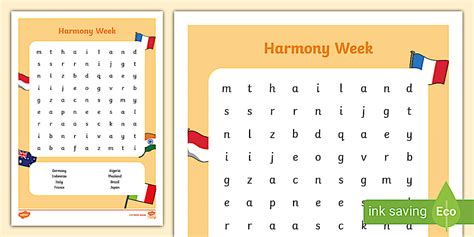 Year Two Harmony Week Nationalities Word Search