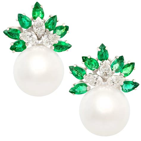 Seaman Schepps South Sea Cultured Pearl Emerald Diamond Earrings at ...