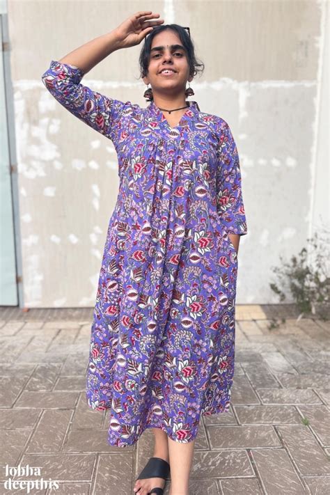 Le Wonder Sanganeri Cotton Pleated Dress with Pockets- Lobha Deepthis