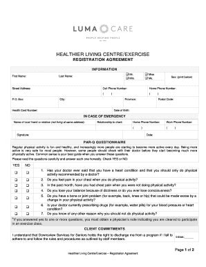 Fillable Online lumacare HEALTHIER LIVING CENTRE EXERCISE REGISTRATION ...