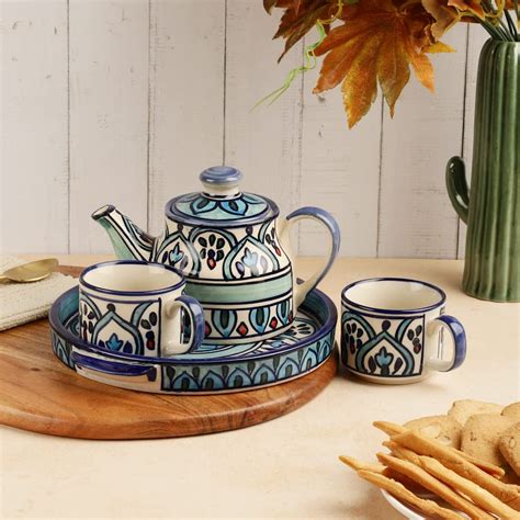 Buy VarEesha The Royal Crown Blue Ceramic 4 Piece Tea Pot with Cups and ...