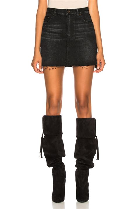 Saint Laurent Unfinished Hem Denim Skirt in Washed Black | FWRD