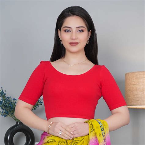 Red rib roundneck half sleeve blouse for women