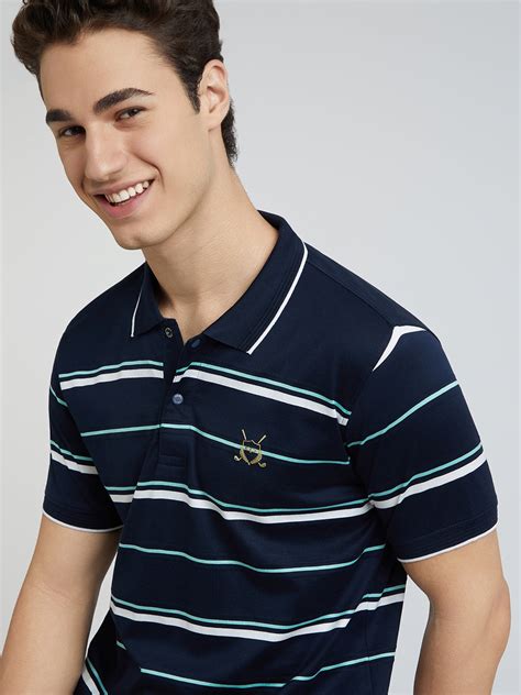 Men Navy Tailored Fit Stripe Engineered Cotton Half Sleeve T-Shirt ...