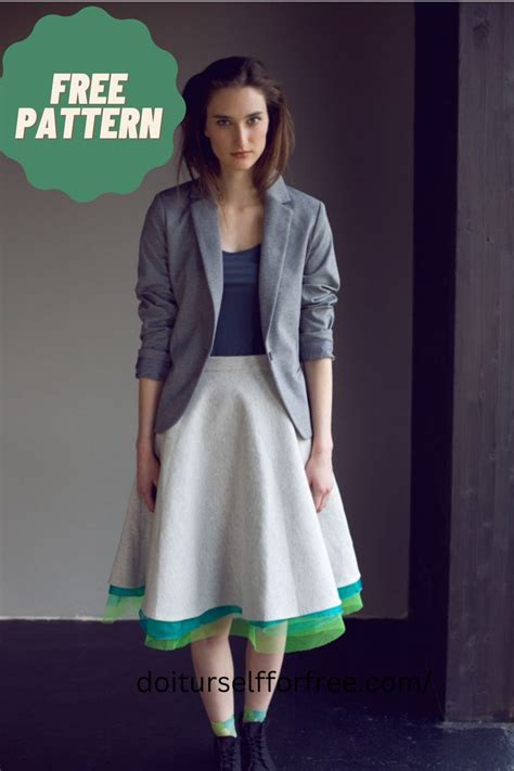 a woman standing in front of a door wearing a skirt and jacket with the ...