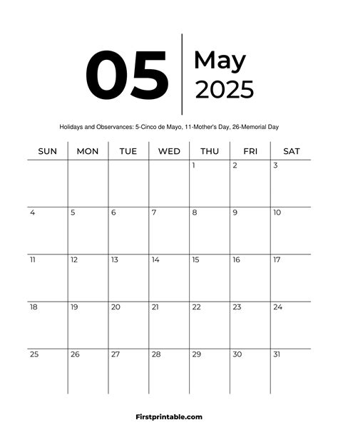 Blank May 2025 Calendar Editable