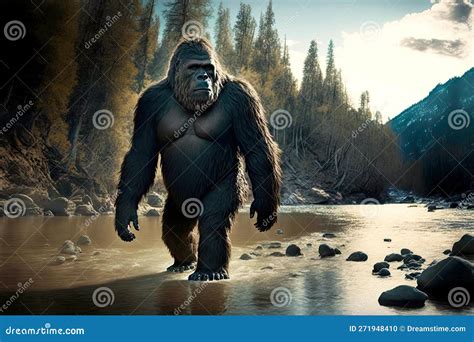 Huge Bigfoot Walks Widely on River and Waves Its Big Paws Stock ...