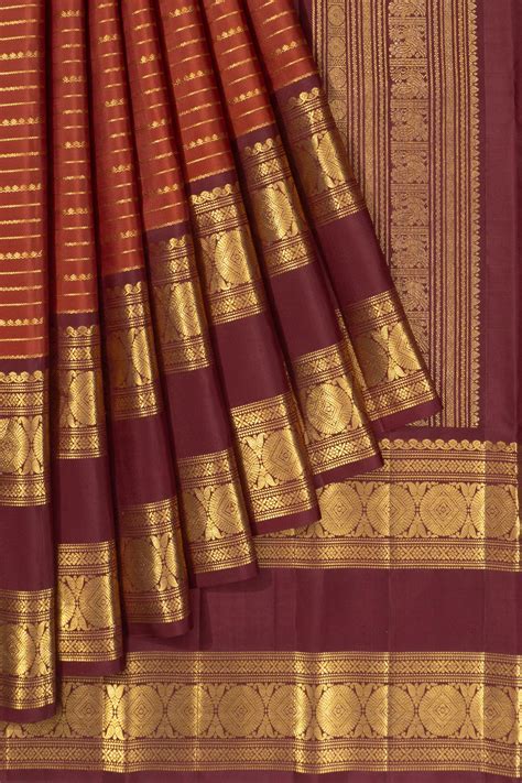 Classic Kanchipuram Silk Lines Brown Saree | Kankatala