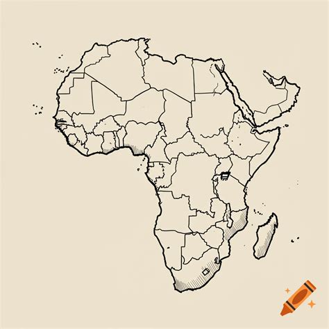 A black and white sketch outline map of the continent of Africa with internal country borders ...
