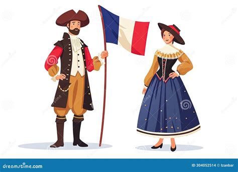 French in National Dress with a Flag. Man and Woman in Traditional ...
