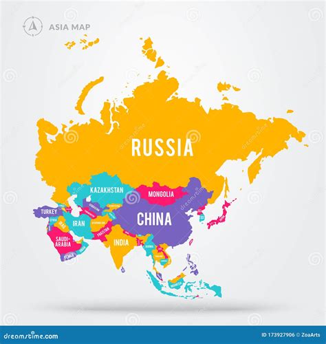 Vector Illustration Colorful Map Focus on Asian Countries. Asia States ...