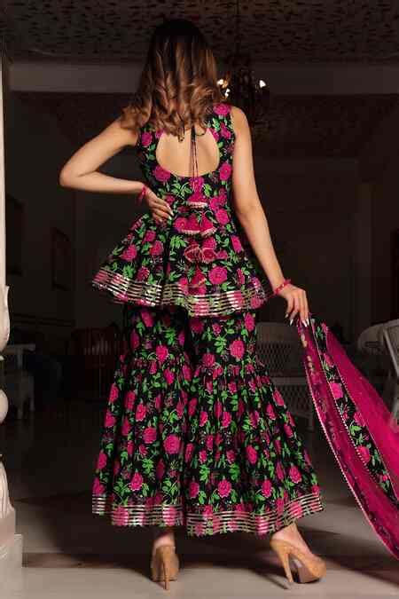 Buy Black Cotton And Soft Net Hand Block Round Print Kurta Sharara Set ...