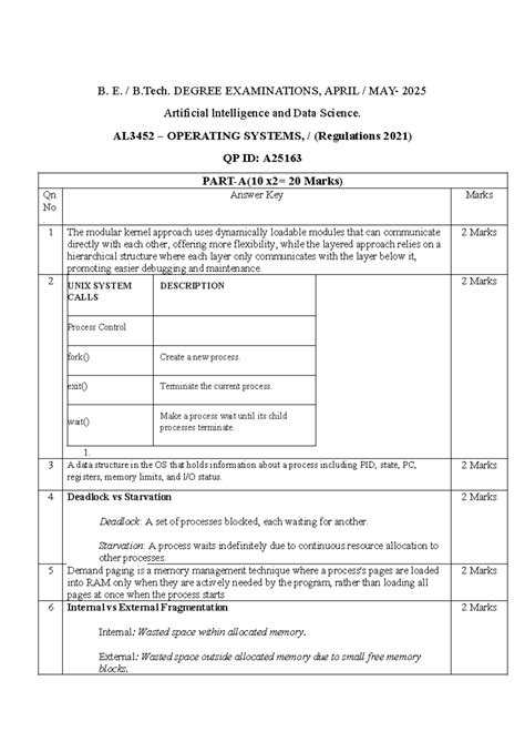 AL3452 Operating Systems Exam Answer Key - April 2025 - Studocu