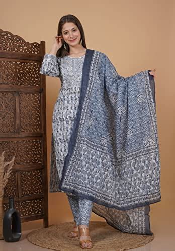 Buy MEERA FAB Women's Cotton Printed Grey Printed Straight Embroidery ...