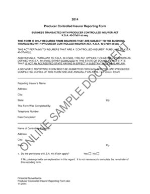 Fillable Online ksinsurance Producer Controlled Insurer Reporting Form ...