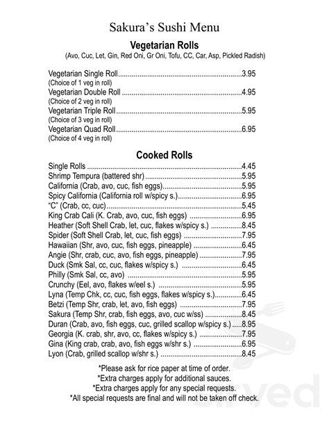 Sakura menu in Hickory, North Carolina, USA