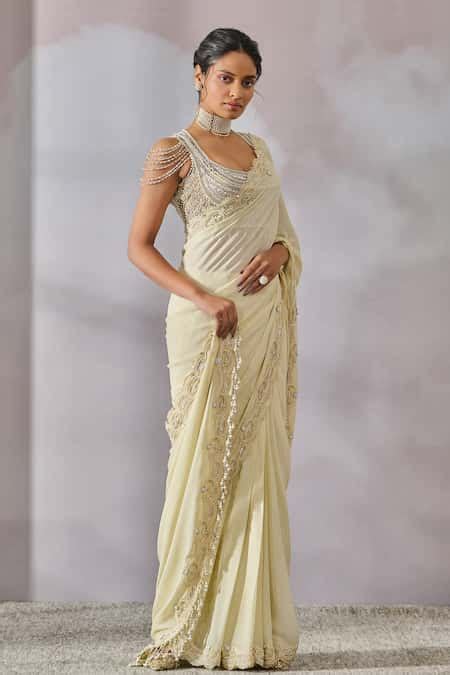 Buy Green Net, Silk, Georgette Scallop Border Embellished Draped Saree ...