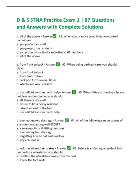 D & S STNA Practice Exam 1 | 87 Questions and Answers Graded A - STNA ...
