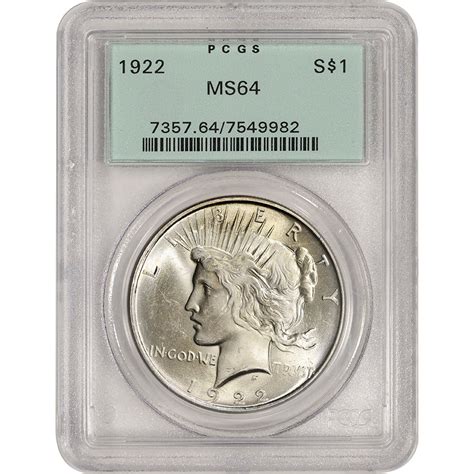 1922 US Peace Silver Dollar $1 - PCGS MS64 [PEACE-22-P-MS64-GL ...