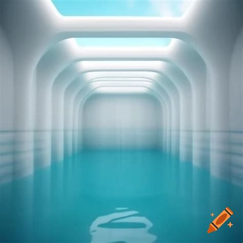 Surreal minimalist poolroom with teal water and white tiled walls, 3d ...