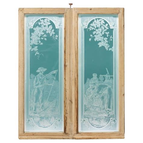 Pair of Antique Acid Etched Glass Windows For Sale at 1stDibs