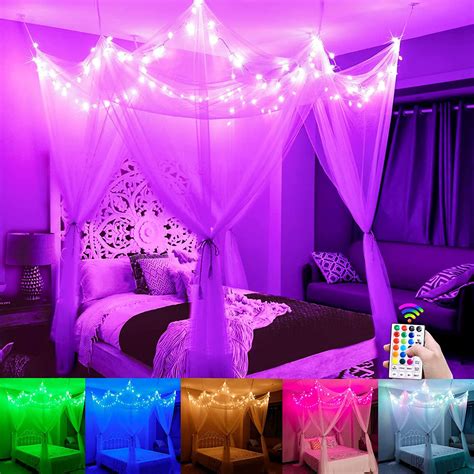 White Bed Canopy with Star Lights Girls Bedroom Christmas Decor, 8 ...