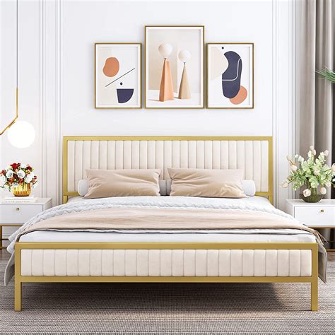 Buy Homfa King Size Bed, Gold Metal Platform Bed Frame with Upholstered ...