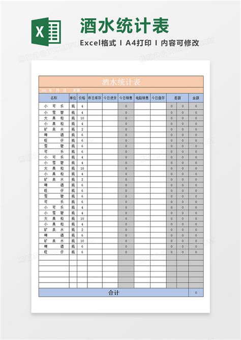 酒水统计表酒水日盘存记录表单Excel模板下载_熊猫办公