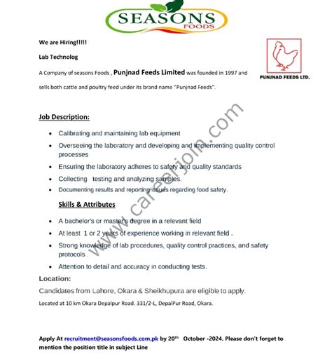 Seasons Foods Jobs Lab Technologist