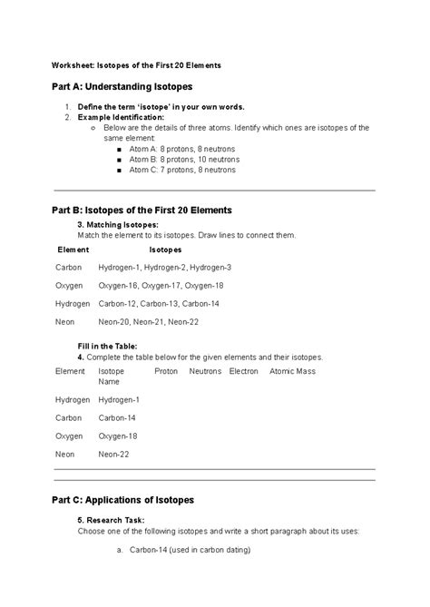 Isotope Worksheet for Summatives: Understanding the First 20 Elements ...
