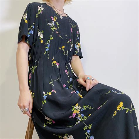 black flower printed long dress | LEMON