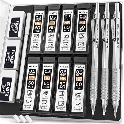 Nicpro 0.5 Mechanical Pencil Set with Case, 3PCS MP1000 Metal Artist ...