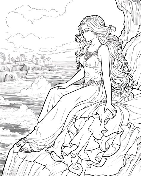 Premium Photo | Mermaid Sitting On Rock Coloring Pages Girl