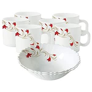 Buy Larah by Borosil Red Lily Opalware Snacks Set, 8-Pieces, White ...