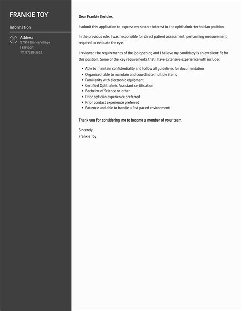 Ophthalmic Technician Cover Letter | Velvet Jobs
