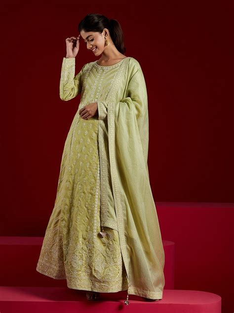 Buy Libas Art Green Embroidered Silk A-Line Kurta With Trousers ...