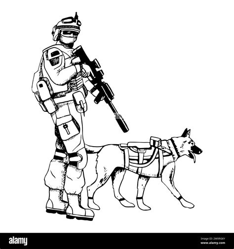 K9 military dog in vest with armed soldier soldier Stock Vector Image ...