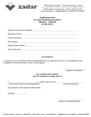 Fillable Online pkzadar Application form for 43rd swimming marathon ...