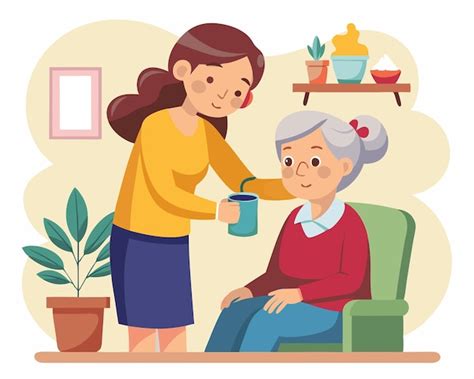 Granddaughter helping grandmother with a cup of tea family care and ...
